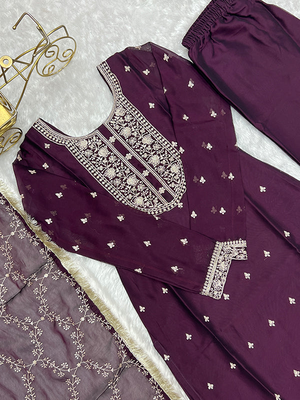 Wine Silk Embroidered Straight Kurti With Pant & Dupatta Set