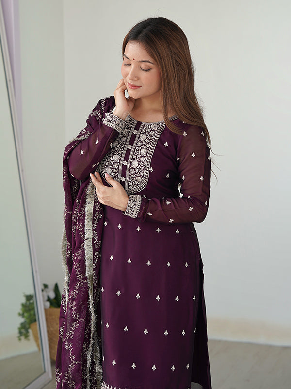 Wine Silk Embroidered Straight Kurti With Pant & Dupatta Set