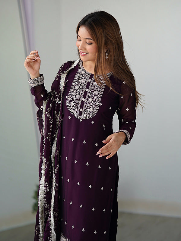 Wine Silk Embroidered Straight Kurti With Pant & Dupatta Set