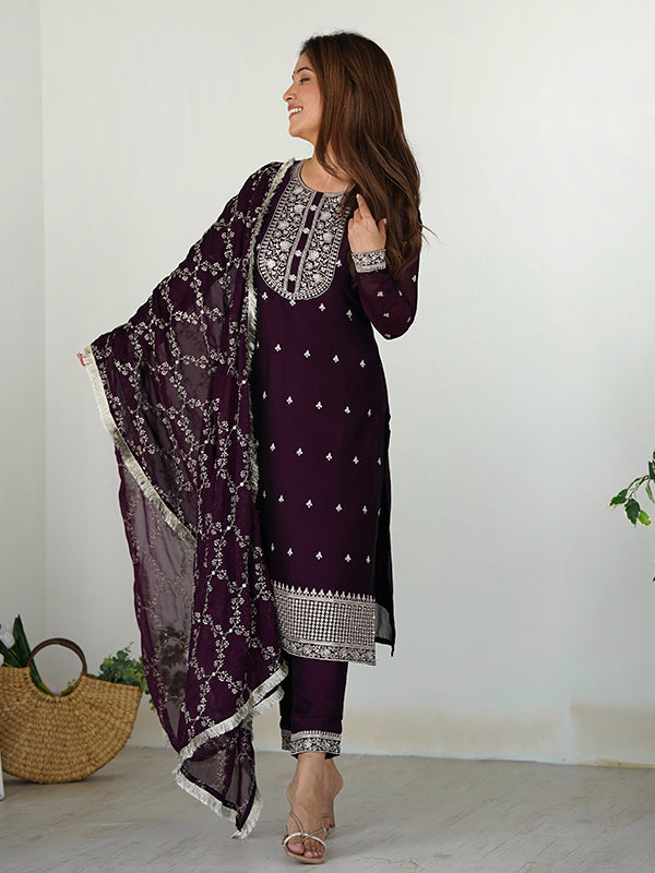 Wine Silk Embroidered Straight Kurti With Pant & Dupatta Set