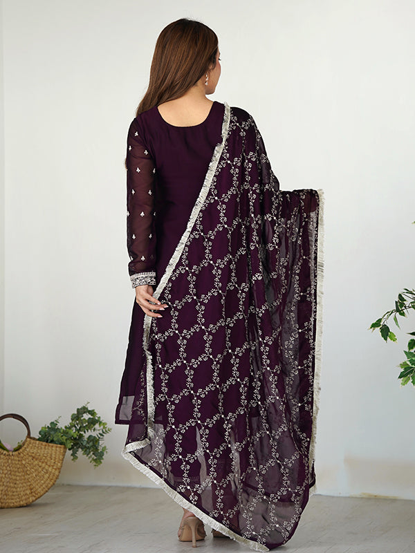 Wine Silk Embroidered Straight Kurti With Pant & Dupatta Set