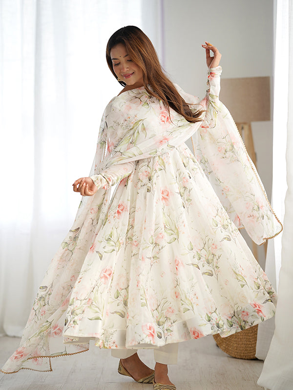 White Flower Printed Anarkali Gown With Pant & Dupatta Set