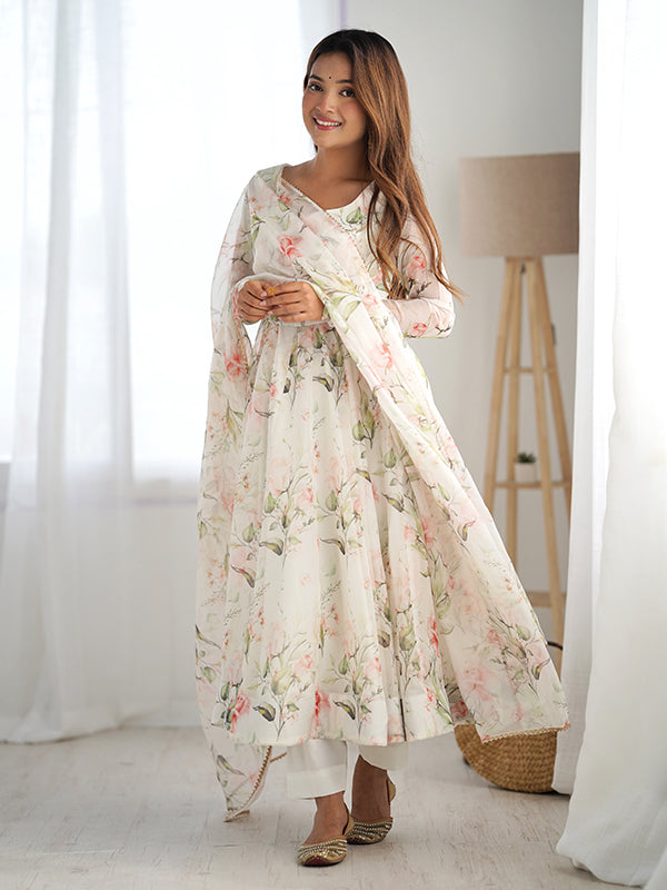 White Flower Printed Anarkali Gown With Pant & Dupatta Set