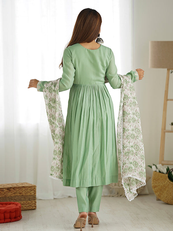 Pista Embroidered Anarkali Gown With Pant & Dupatta Set