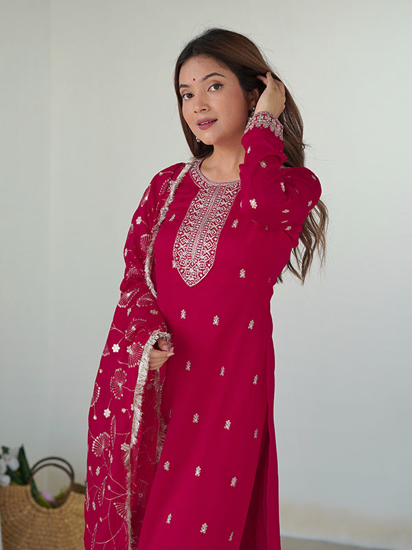 Pink Silk Embroidered Straight Kurti With Pant & Dupatta Set