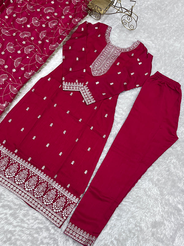 Pink Silk Embroidered Straight Kurti With Pant & Dupatta Set