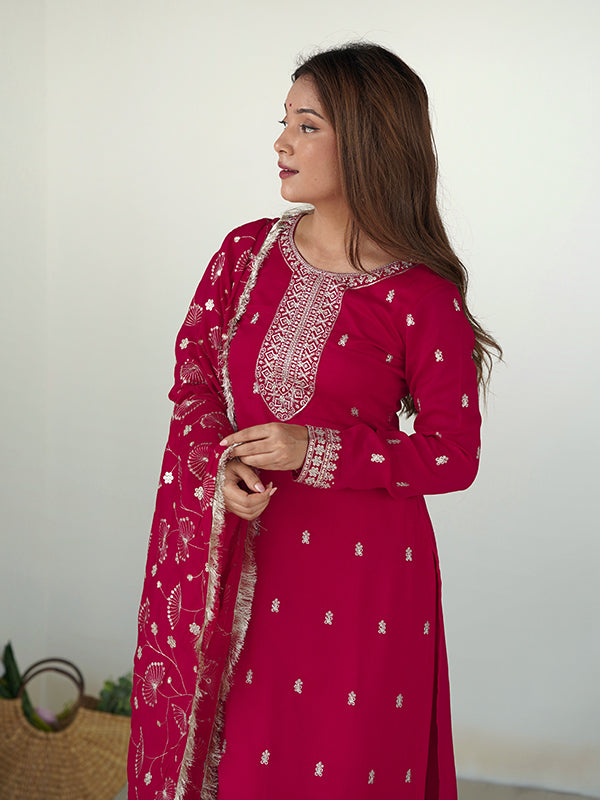 Pink Silk Embroidered Straight Kurti With Pant & Dupatta Set