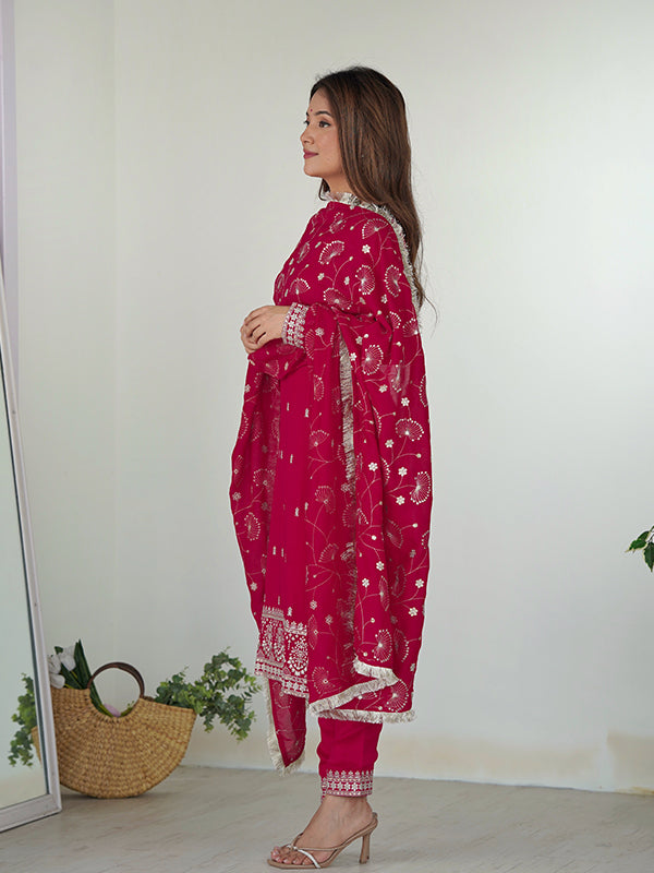 Pink Silk Embroidered Straight Kurti With Pant & Dupatta Set