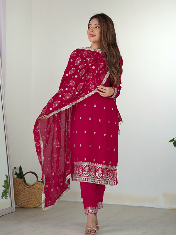 Pink Silk Embroidered Straight Kurti With Pant & Dupatta Set