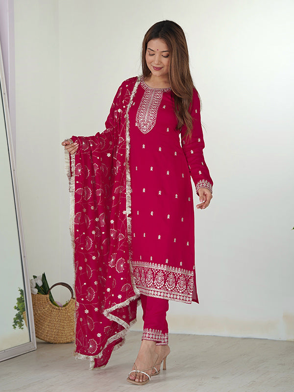 Pink Silk Embroidered Straight Kurti With Pant & Dupatta Set