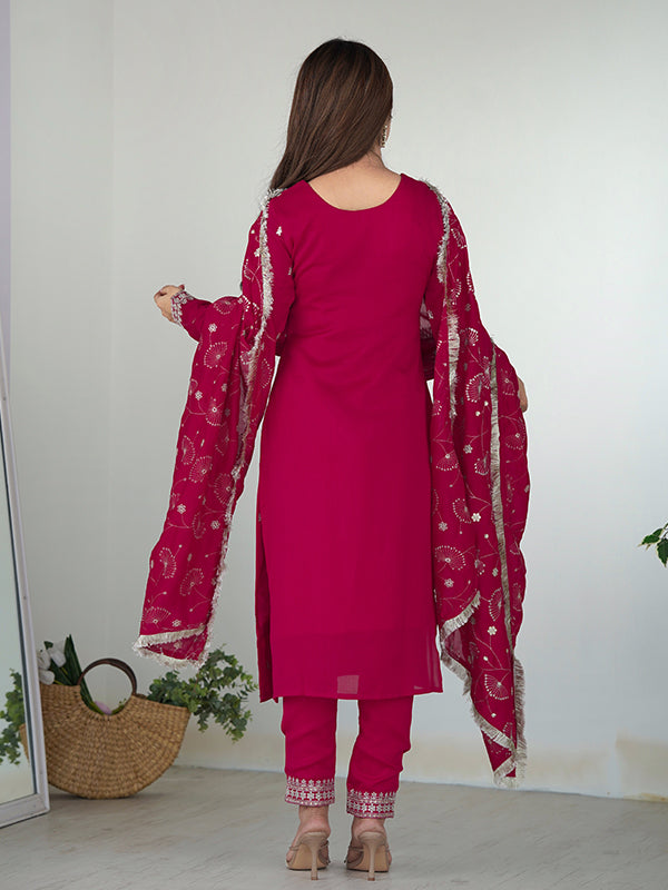 Pink Silk Embroidered Straight Kurti With Pant & Dupatta Set