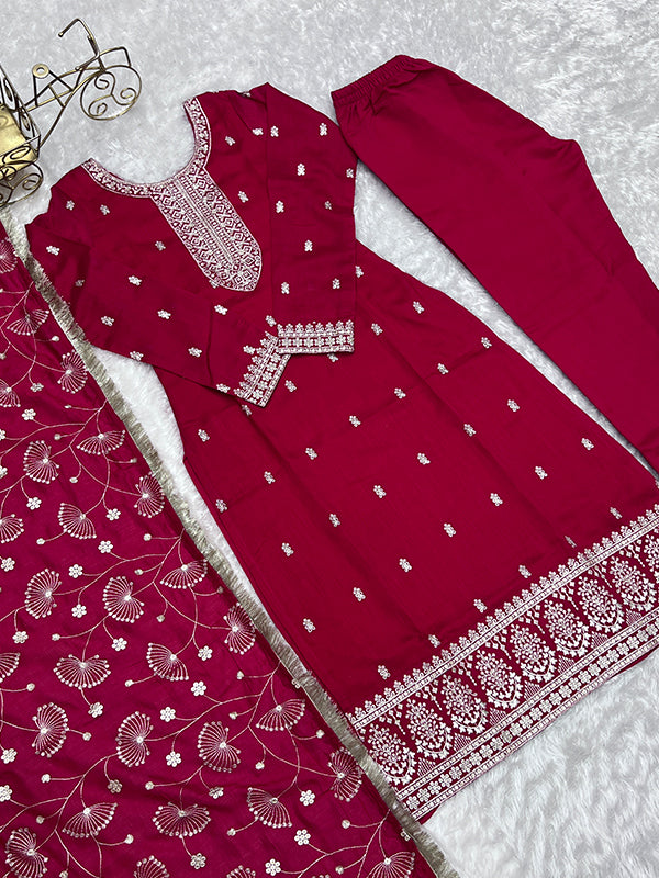 Pink Silk Embroidered Straight Kurti With Pant & Dupatta Set