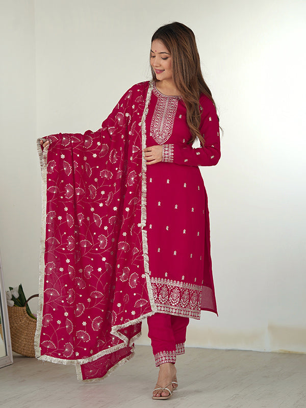 Pink Silk Embroidered Straight Kurti With Pant & Dupatta Set