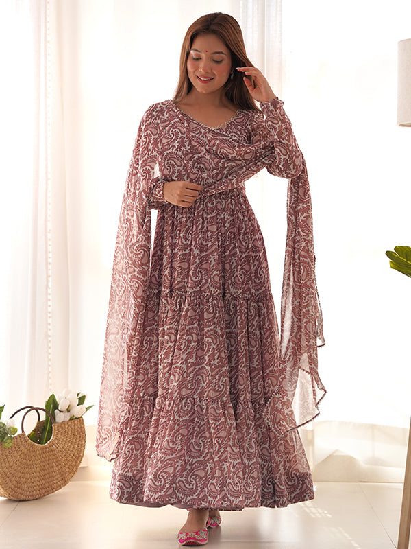 Layered Coffee Printed Anarkali Gown With Pant & Dupatta Set