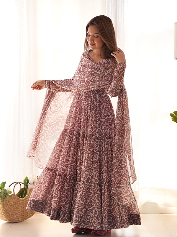 Layered Coffee Printed Anarkali Gown With Pant & Dupatta Set