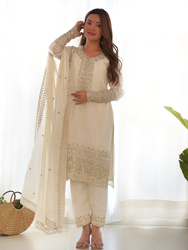 Off White Silk Embroidered Straight Kurti With Pant & Dupatta Set
