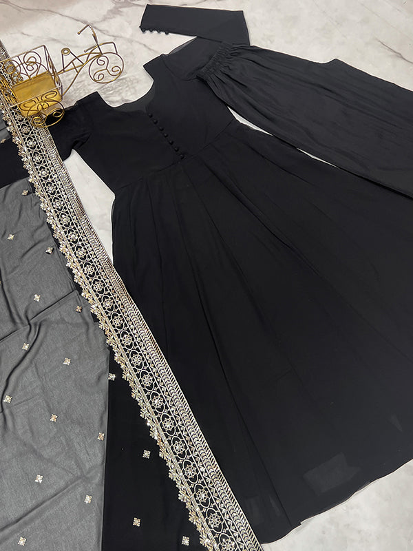 Black Georgette Kurta With Pant & Dupatta Set