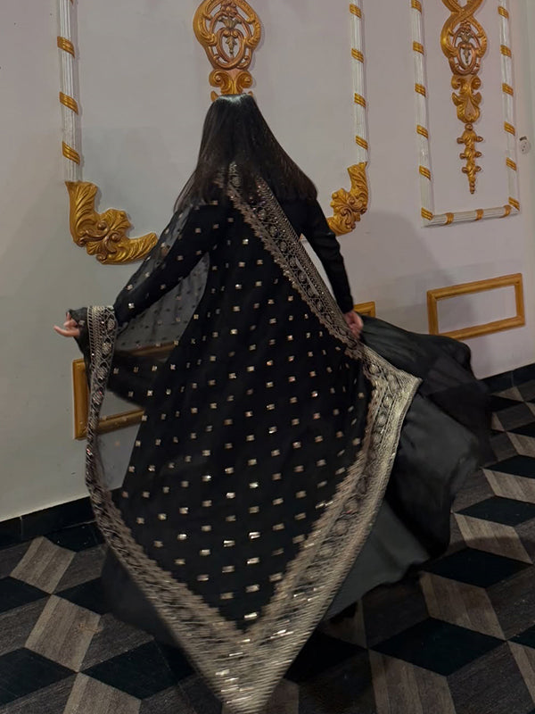 Black Georgette Kurta With Pant & Dupatta Set