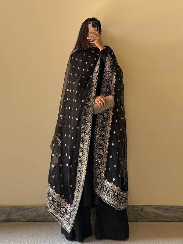 Black Georgette Kurta With Pant & Dupatta Set