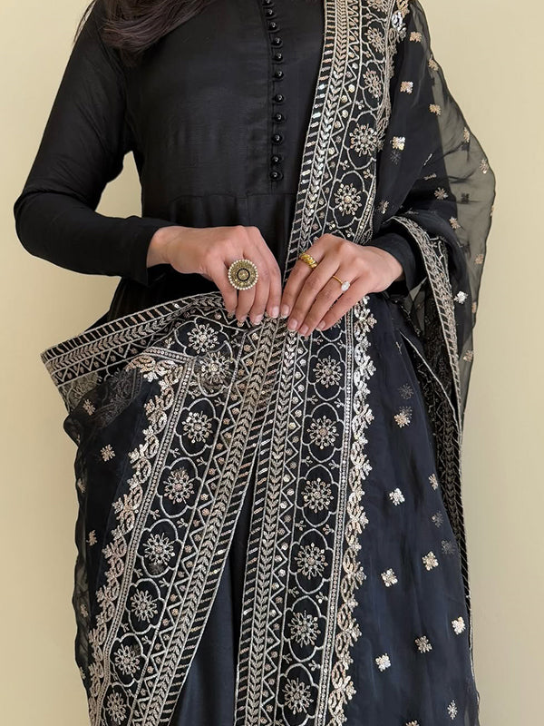 Black Georgette Kurta With Pant & Dupatta Set
