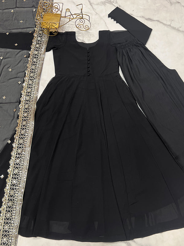 Black Georgette Kurta With Pant & Dupatta Set