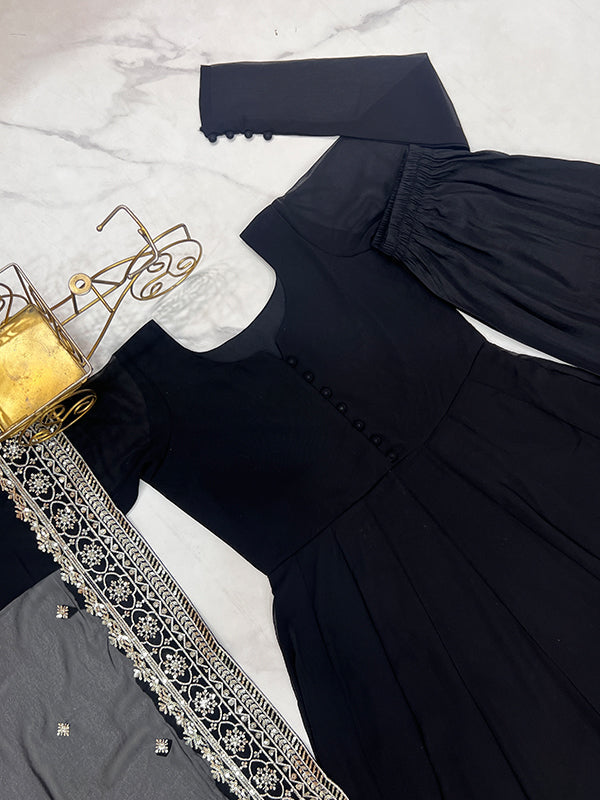 Black Georgette Kurta With Pant & Dupatta Set