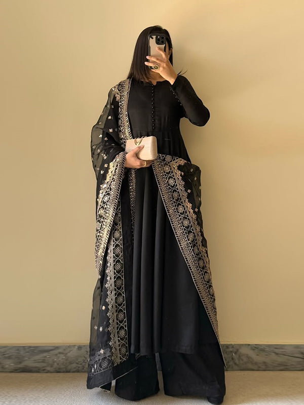 Black Georgette Kurta With Pant & Dupatta Set