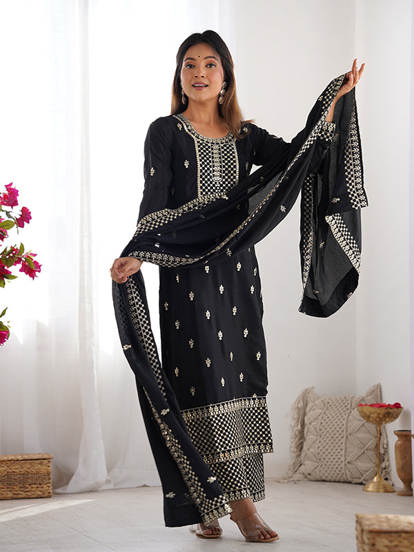 Black Chinon Silk Straight Kurti With Pant & Dupatta Set