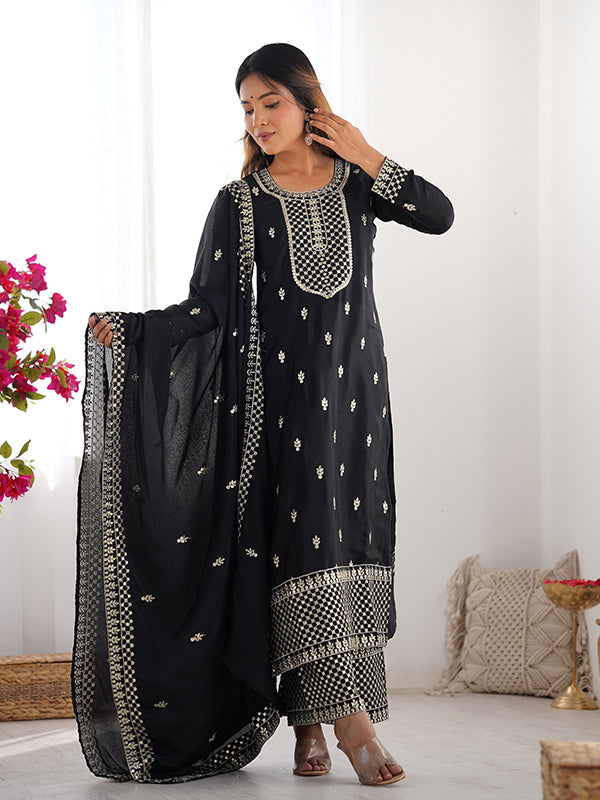 Black Chinon Silk Straight Kurti With Pant & Dupatta Set