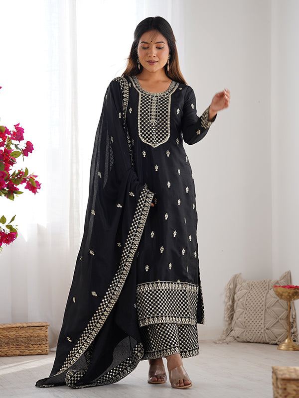 Black Chinon Silk Straight Kurti With Pant & Dupatta Set
