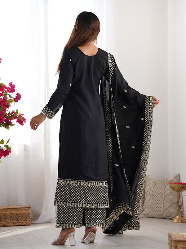 Black Chinon Silk Straight Kurti With Pant & Dupatta Set