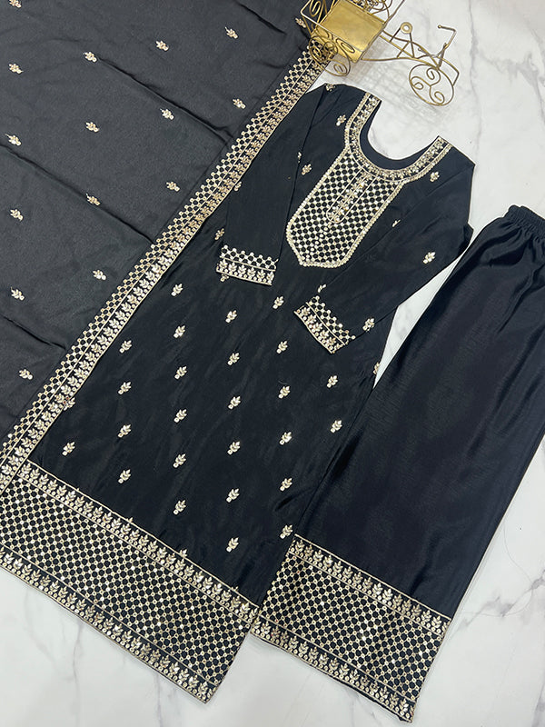 Black Chinon Silk Straight Kurti With Pant & Dupatta Set