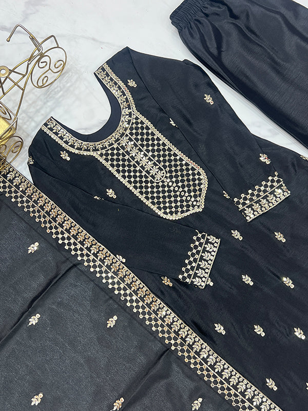 Black Chinon Silk Straight Kurti With Pant & Dupatta Set