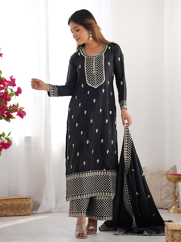Black Chinon Silk Straight Kurti With Pant & Dupatta Set