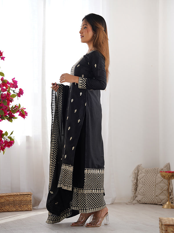 Black Chinon Silk Straight Kurti With Pant & Dupatta Set