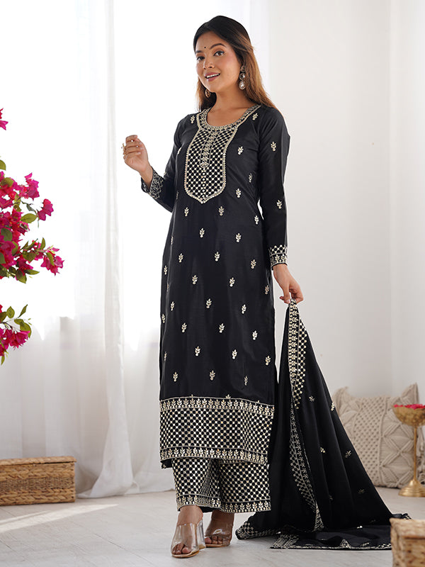 Black Chinon Silk Straight Kurti With Pant & Dupatta Set