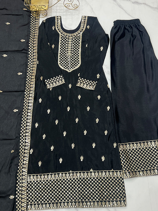 Black Chinon Silk Straight Kurti With Pant & Dupatta Set