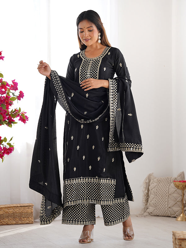 Black Chinon Silk Straight Kurti With Pant & Dupatta Set