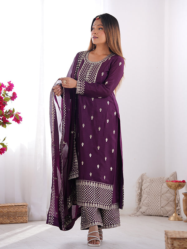 Wine Chinon Silk Straight Kurti With Pant & Dupatta Set