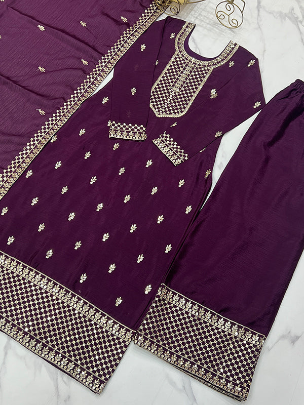 Wine Chinon Silk Straight Kurti With Pant & Dupatta Set