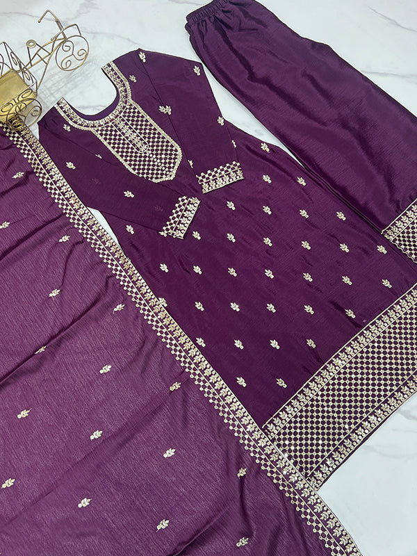 Wine Chinon Silk Straight Kurti With Pant & Dupatta Set