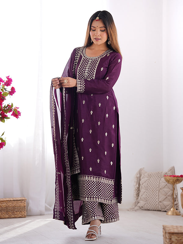 Wine Chinon Silk Straight Kurti With Pant & Dupatta Set