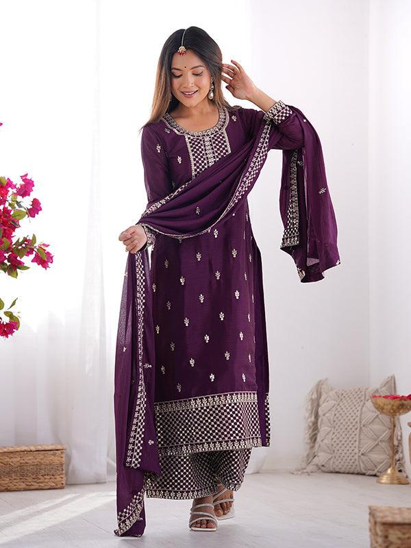 Wine Chinon Silk Straight Kurti With Pant & Dupatta Set