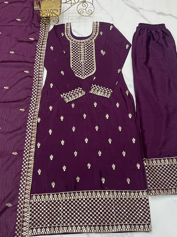Wine Chinon Silk Straight Kurti With Pant & Dupatta Set