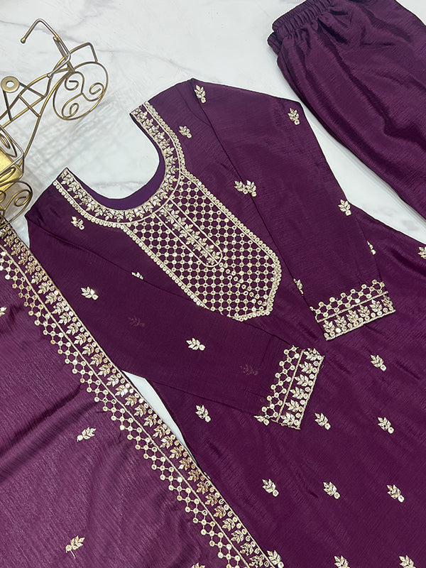 Wine Chinon Silk Straight Kurti With Pant & Dupatta Set