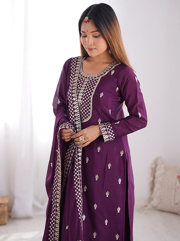 Wine Chinon Silk Straight Kurti With Pant & Dupatta Set
