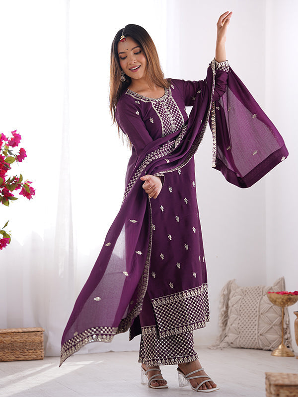 Wine Chinon Silk Straight Kurti With Pant & Dupatta Set