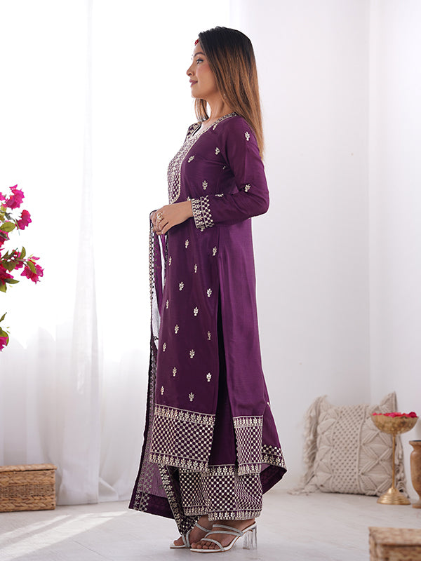 Wine Chinon Silk Straight Kurti With Pant & Dupatta Set
