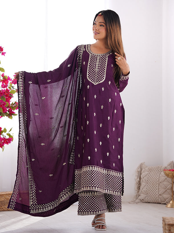 Wine Chinon Silk Straight Kurti With Pant & Dupatta Set