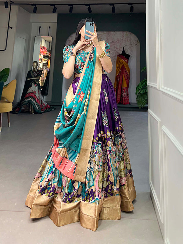 Purple Kalamkari Print Silk Lehenga Choli With Dupatta